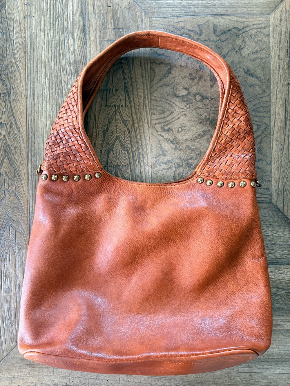 Vilenca Holland Leather Studded Cognac Brown Hobo Bag